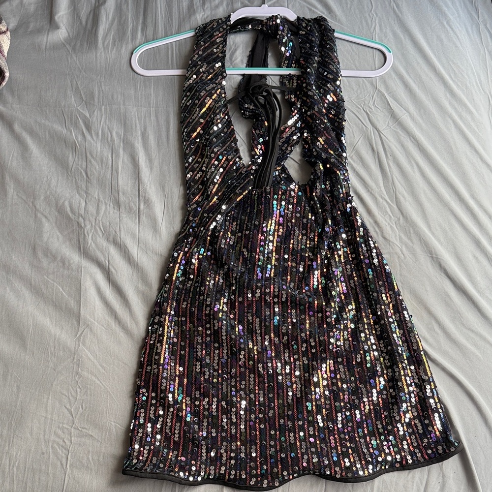 Sequin Halter Mini Dress - Black and Multicolor